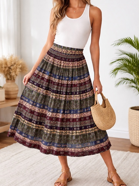 Tica Dresses & Skirts - Boho Tiered Midi Skirt in Burgundy, Navy & Olive